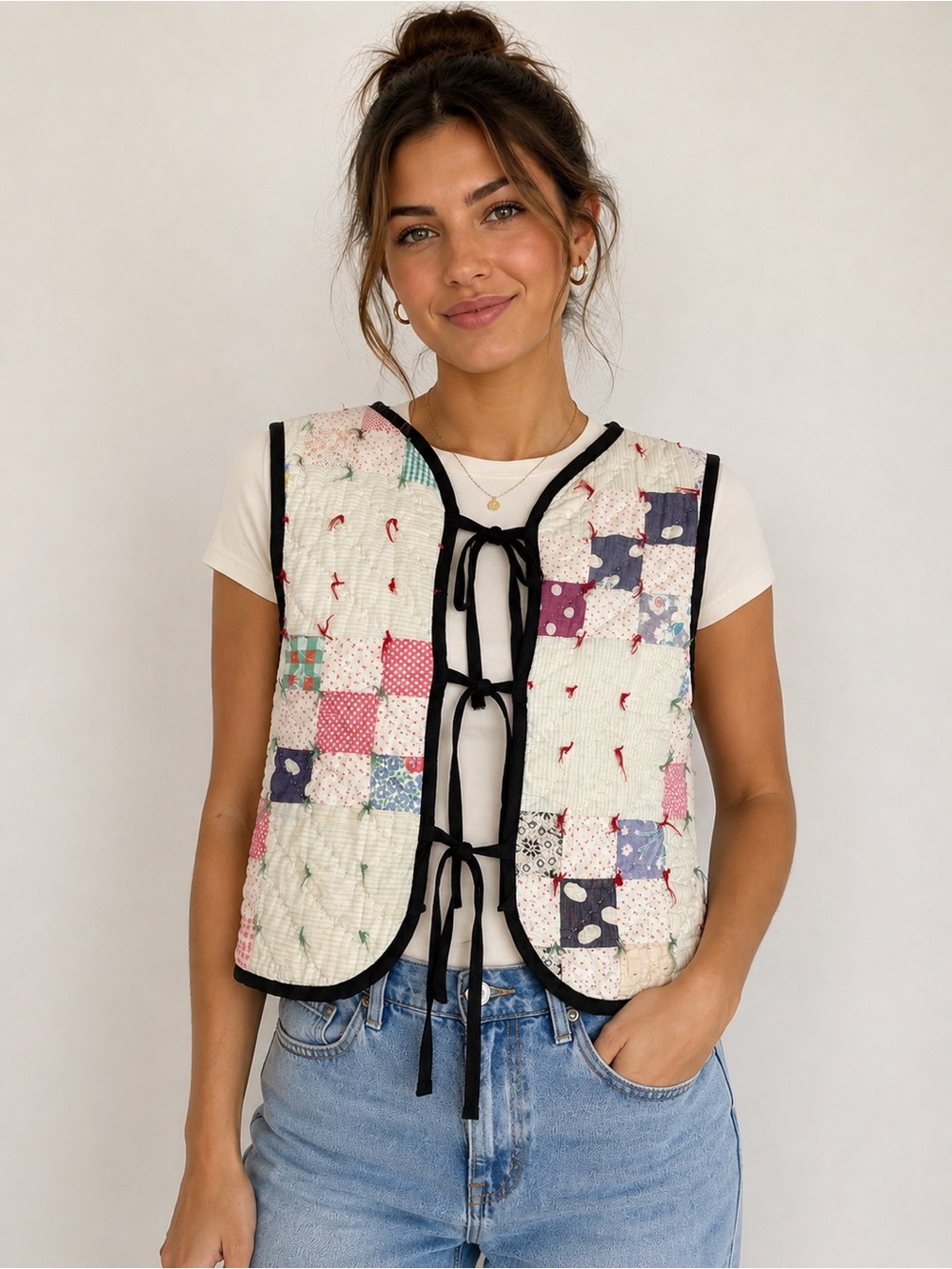 Carleen One of a Kind Vintage Quilt Tie Front Vest Size S Made in USA
